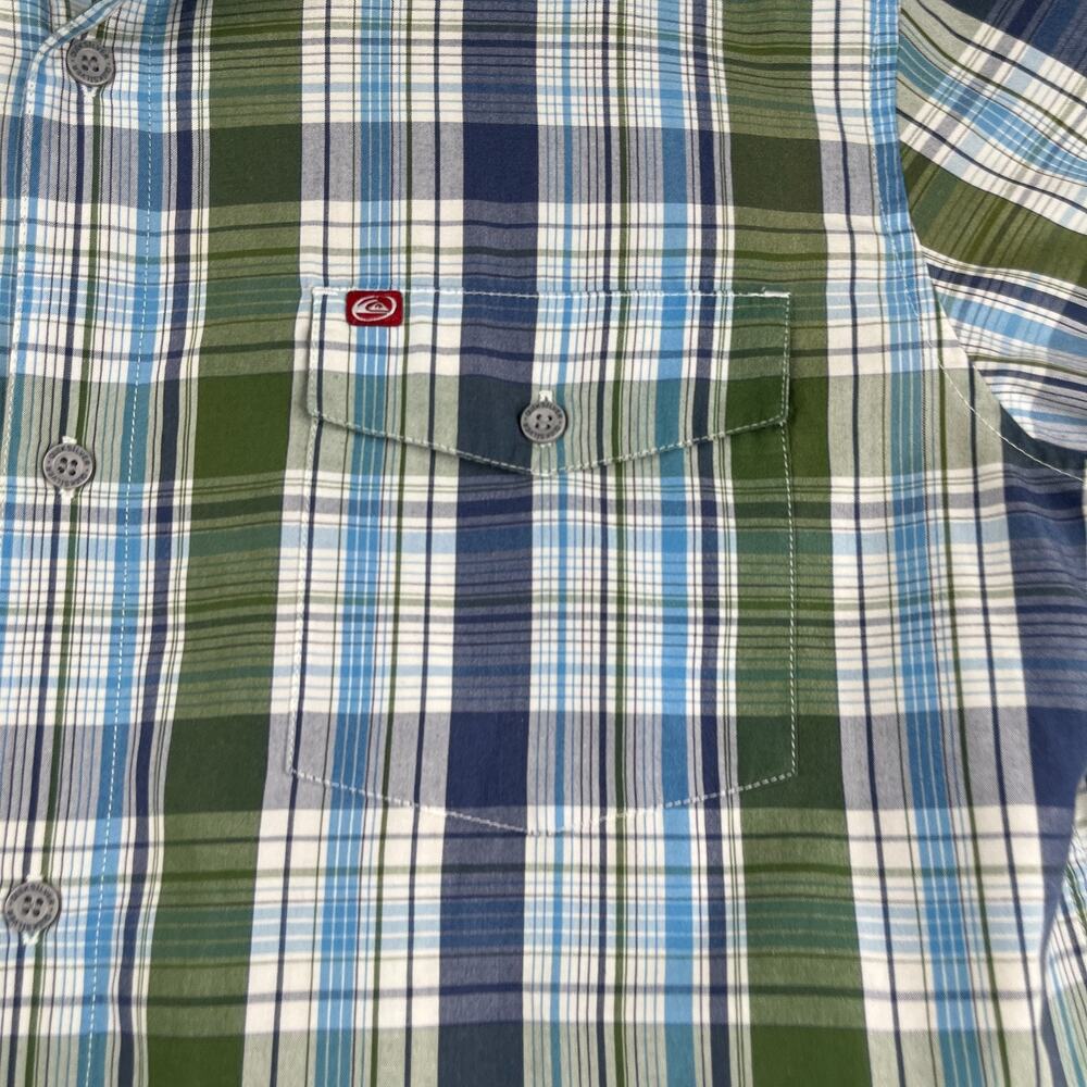 Quiksilver Plaid Shirt Green Blue Pocket beach Casual Button Up Short Sleeve L - Picture 2 of 9